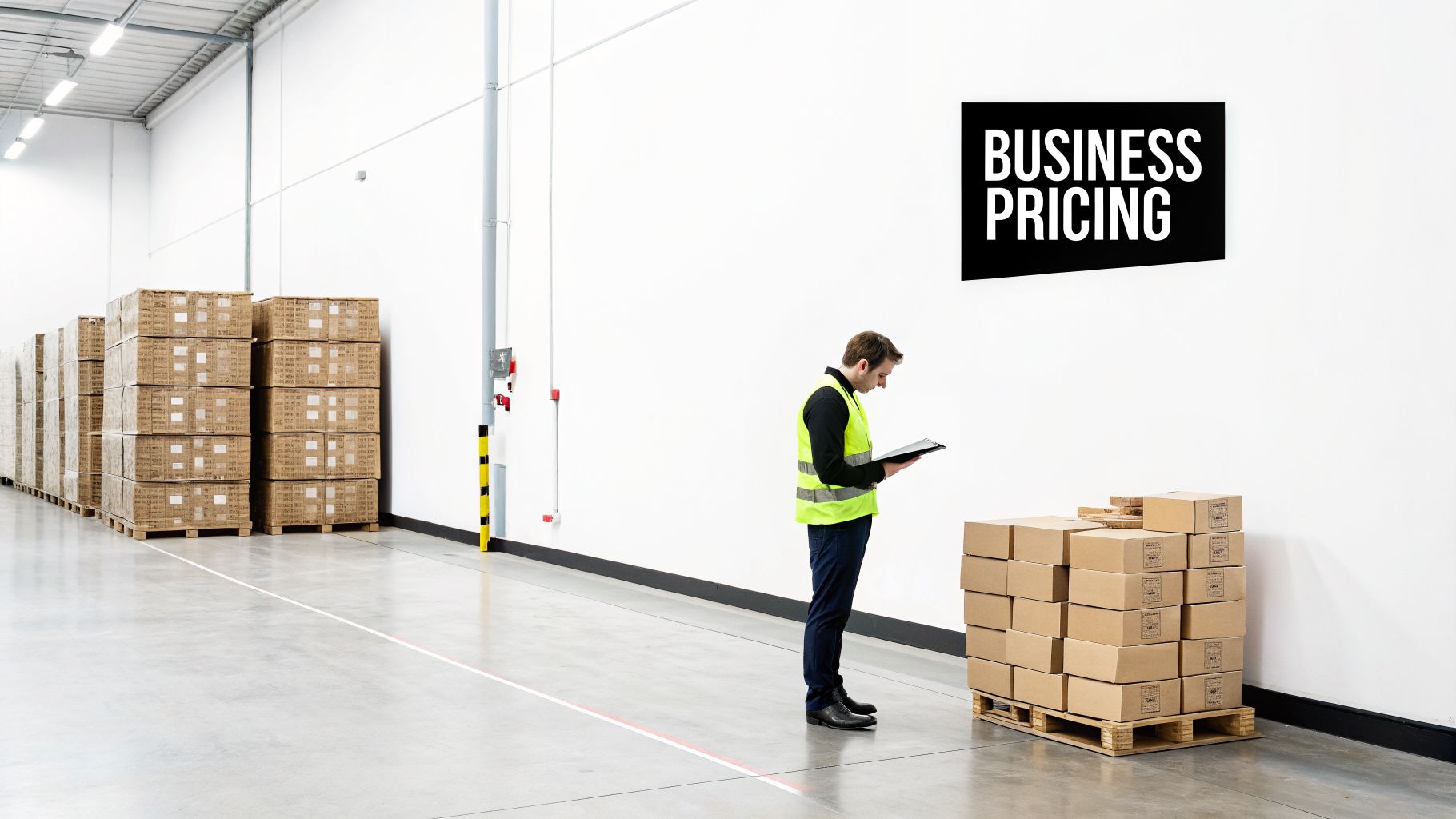 Warehouse worker in high-visibility vest checking inventory next to 'Business Pricing' sign and boxes.