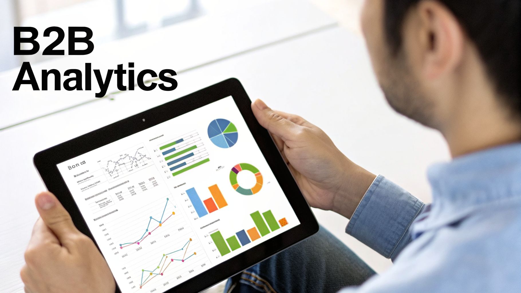 A person holds a tablet displaying various colorful business analytics charts and graphs, with “B2B Analytics” text.