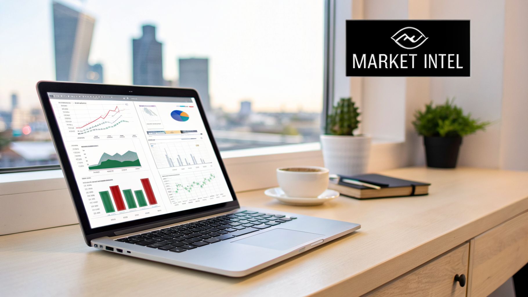 Laptop displaying market analysis charts on a modern desk with coffee, plants, and a city view, featuring a 'Market Intel' logo.