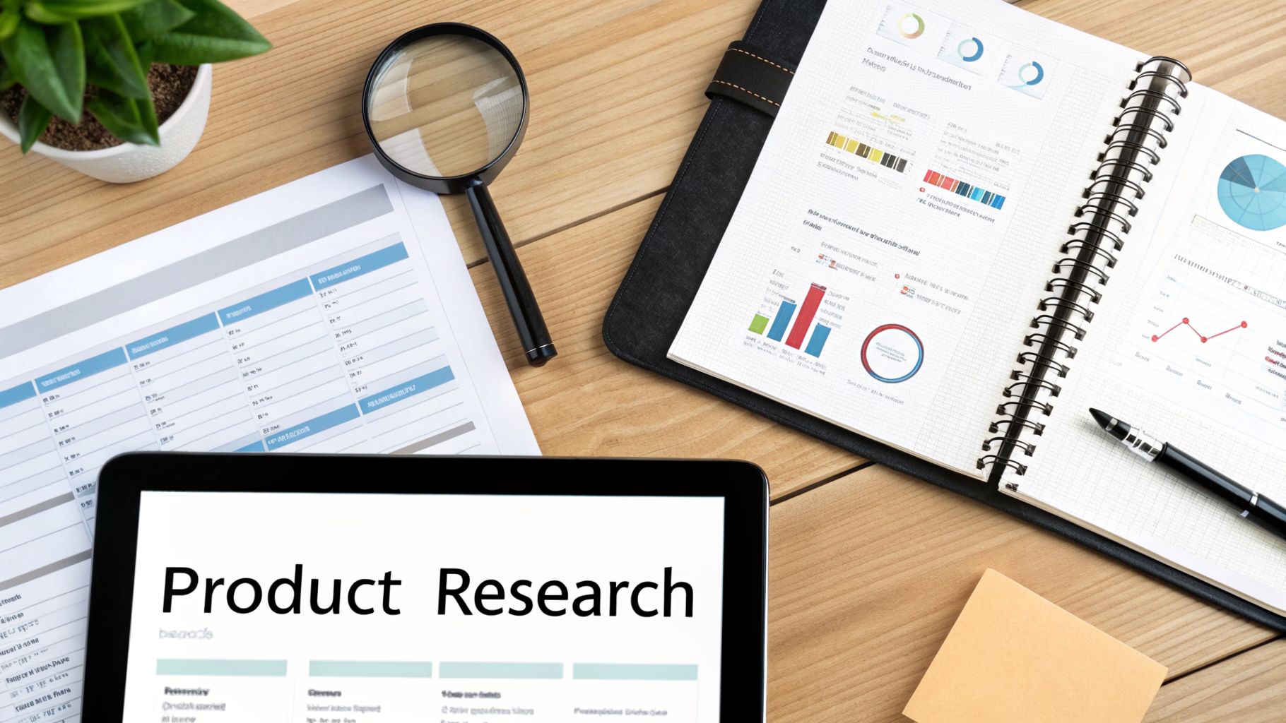 Overhead view of a business desk with a tablet displaying 'Product Research', reports, and a notebook.