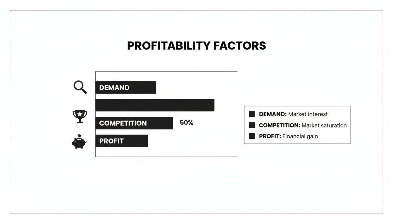 Bar chart titled 'Profitability Factors' showing demand, competition (50%), and profit levels.