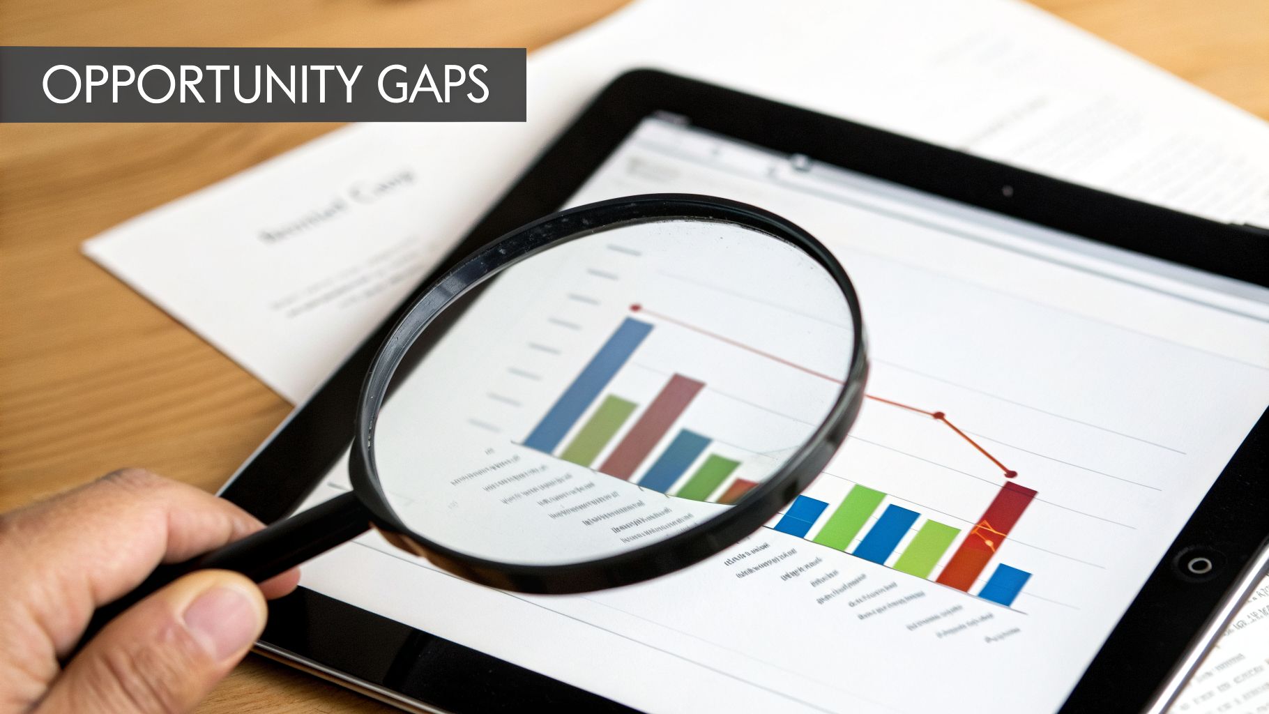 A hand uses a magnifying glass to analyze a bar chart on a tablet, with "OPPORTUNITY GAPS" text.