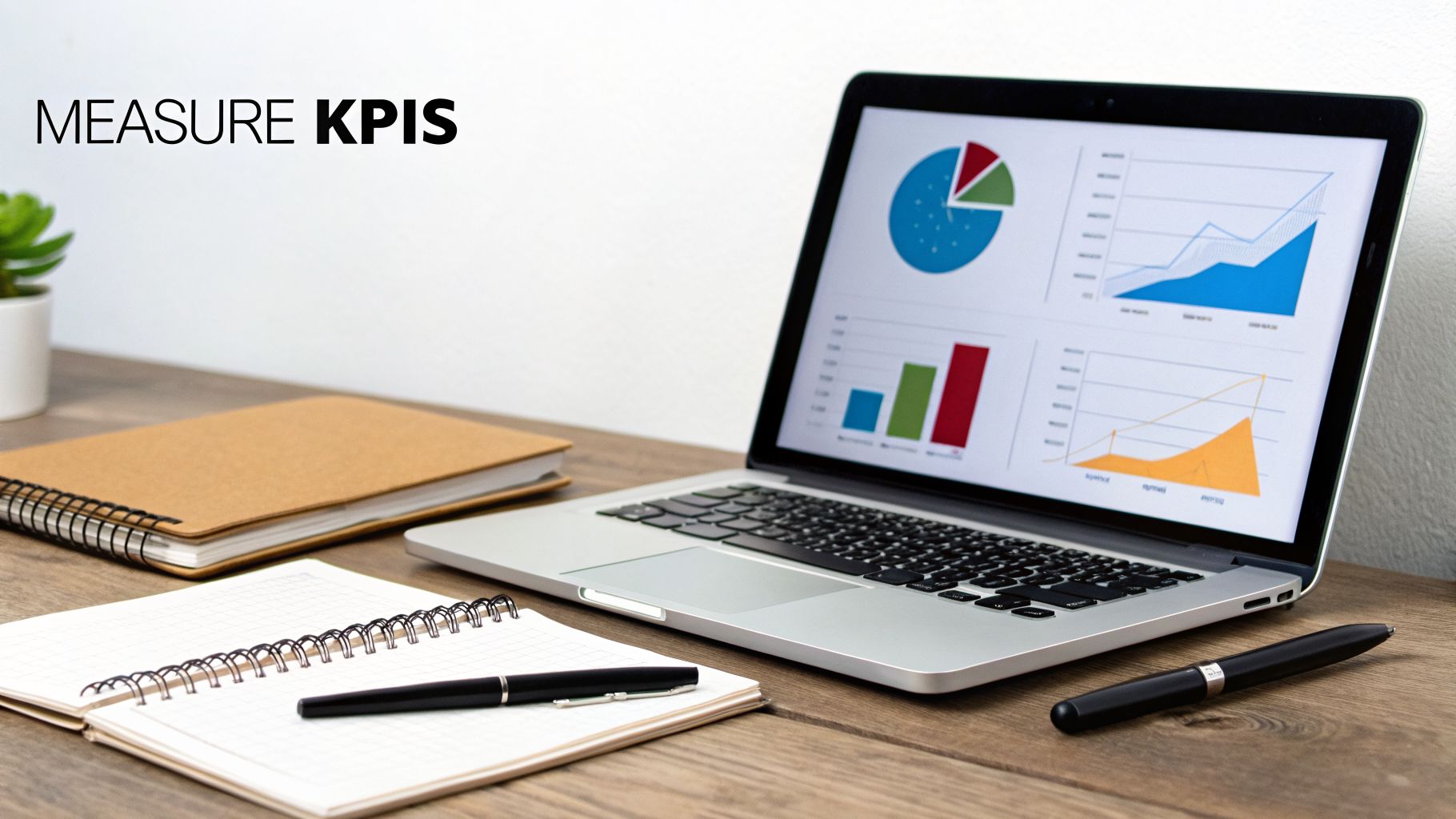 Laptop displaying KPI charts, notebooks, and pens on a wooden desk, with text 'MEASURE KPIS'.