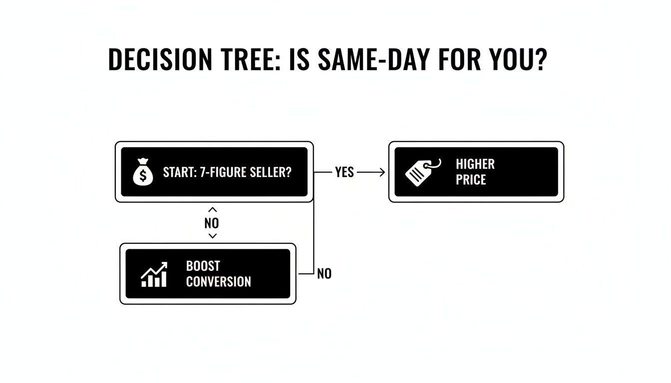 Decision tree illustrating paths for same-day service: 7-figure sellers go for higher price; others boost conversion.