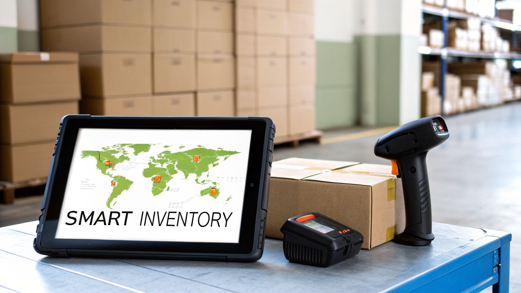 Rugged tablet with 'Smart Inventory' world map, barcode scanner, and RFID reader in a warehouse.