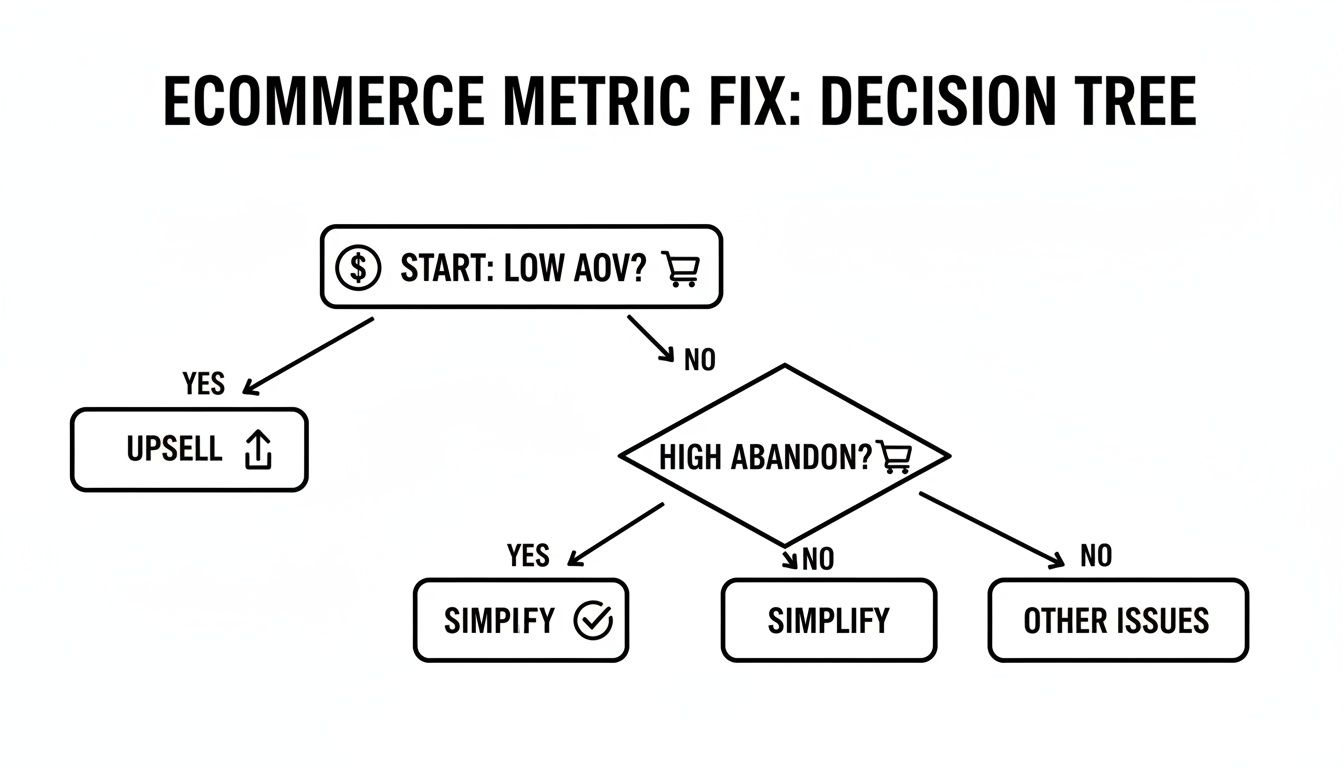 A decision tree flowchart for e-commerce metric fixes, addressing low AOV and high abandonment.