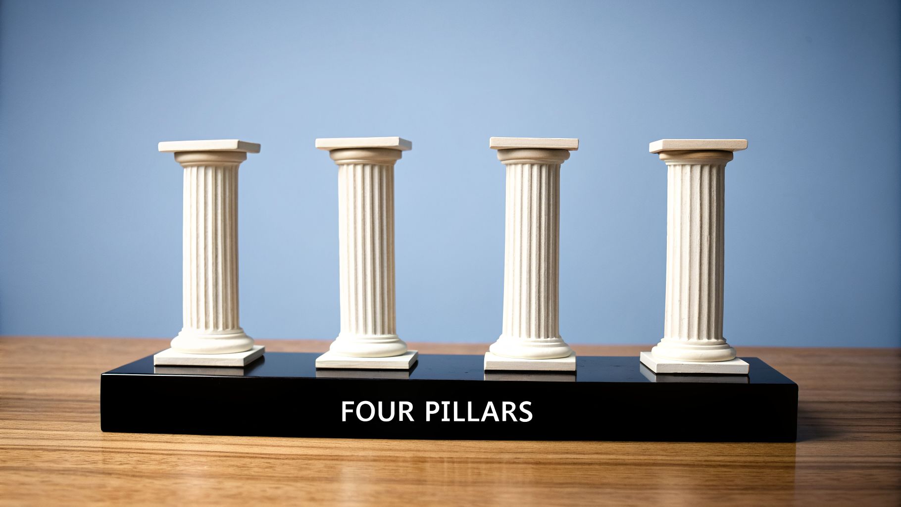 Four white classical pillars stand firmly on a black base with 'FOUR PILLARS' text.