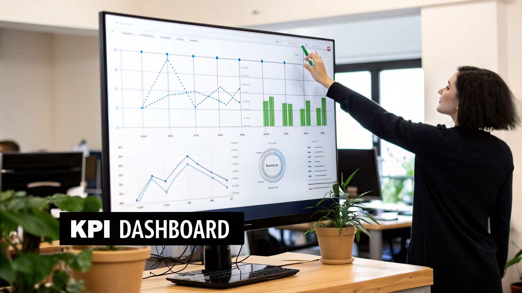 A woman points at a large monitor displaying a digital KPI dashboard with business analytics and graphs in an office setting.