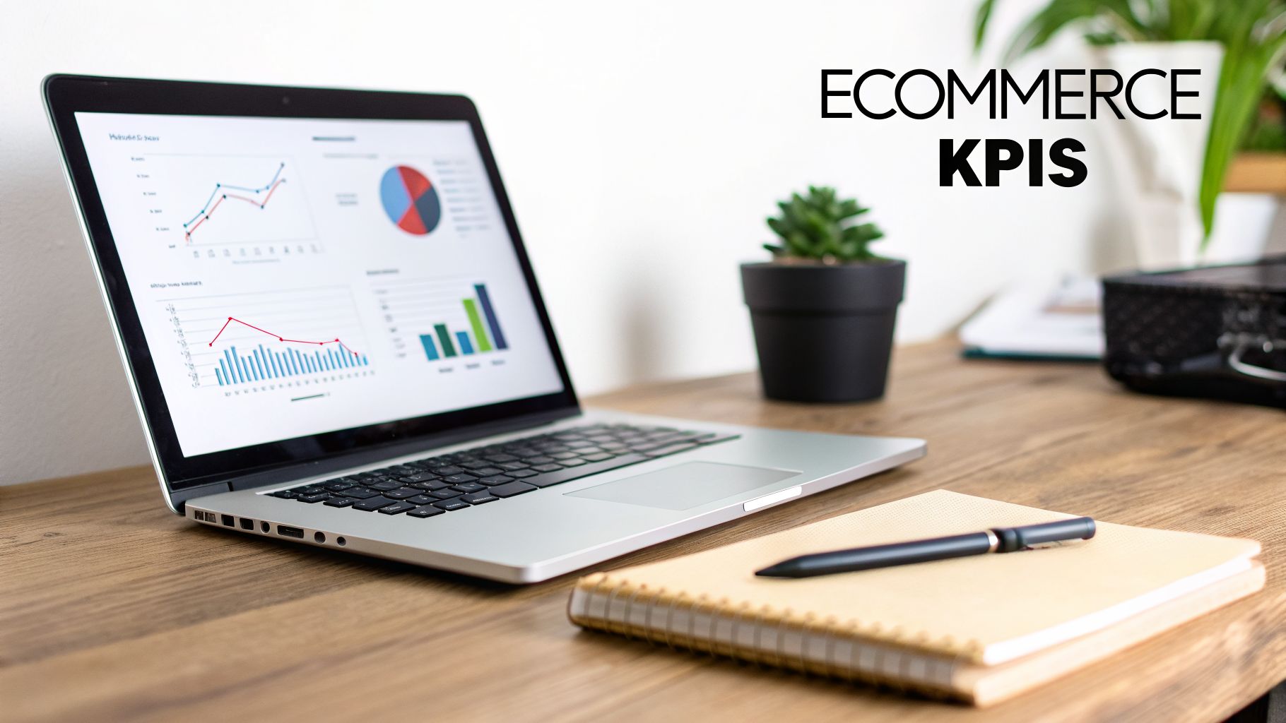 Laptop displaying ecommerce KPIs with charts, graphs, a plant, and a notebook on a wooden desk.