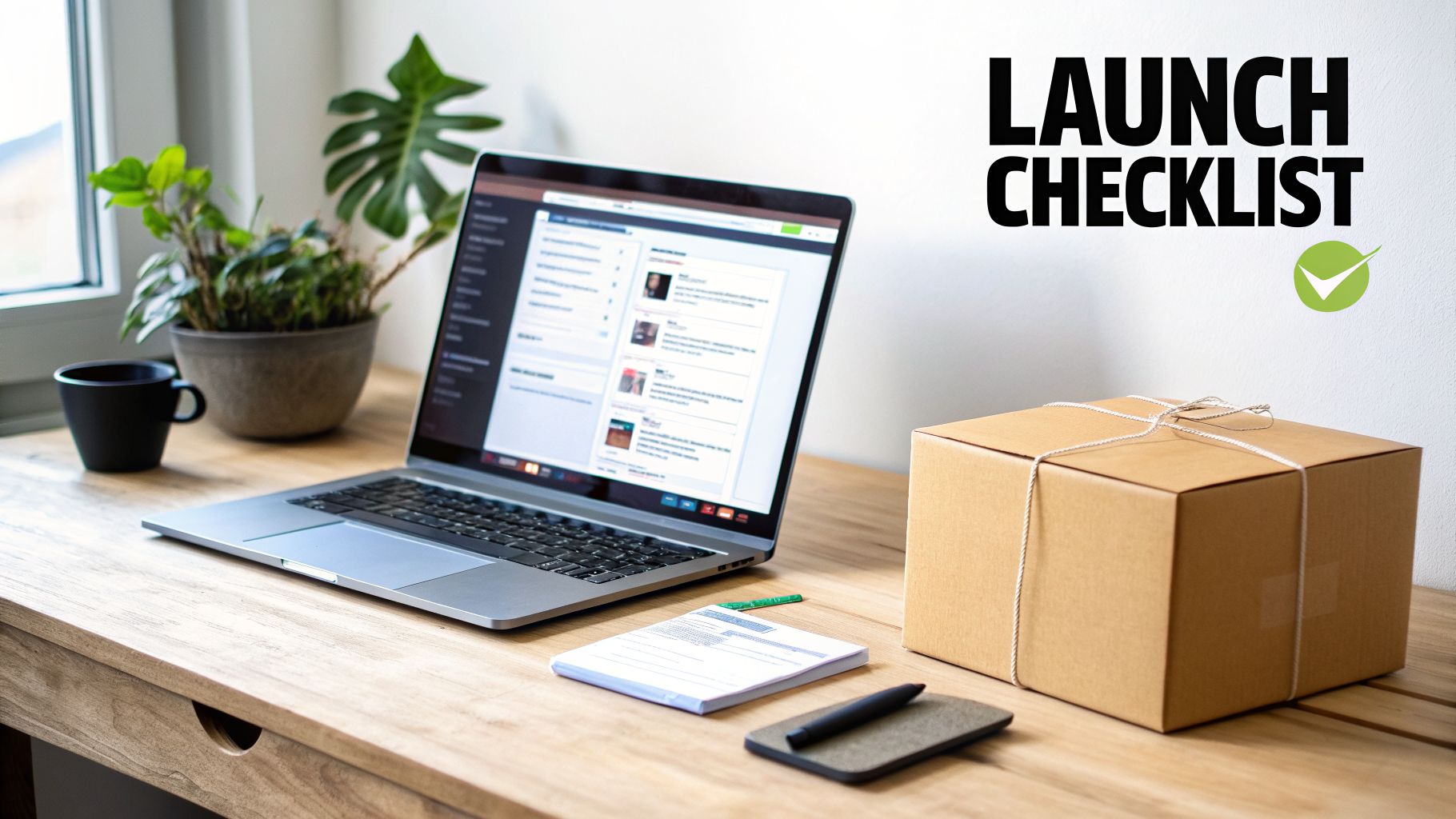 A wooden desk with a laptop, coffee mug, plant, notepad, pen, and a cardboard package. The wall has a 'LAUNCH CHECKLIST' sign.