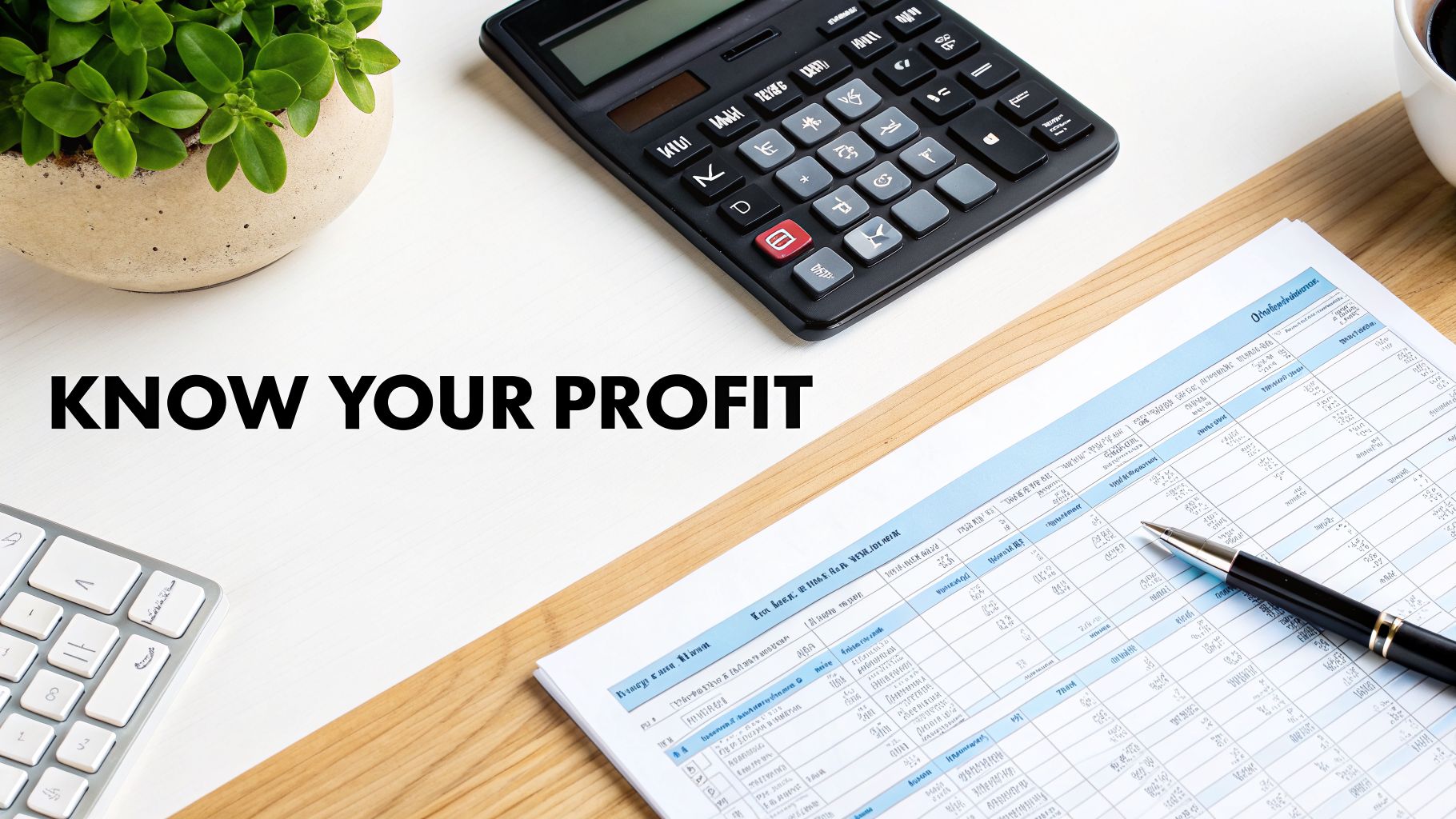 Financial workspace with a calculator, business document, and a prominent 'KNOW YOUR PROFIT' message.