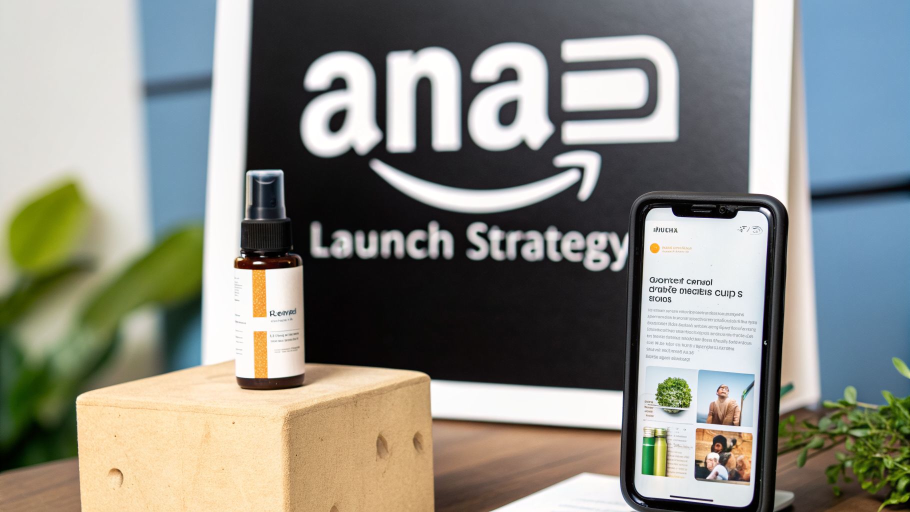 A product spray bottle and smartphone displaying an article, next to an 'Amazon Launch Strategy' sign.