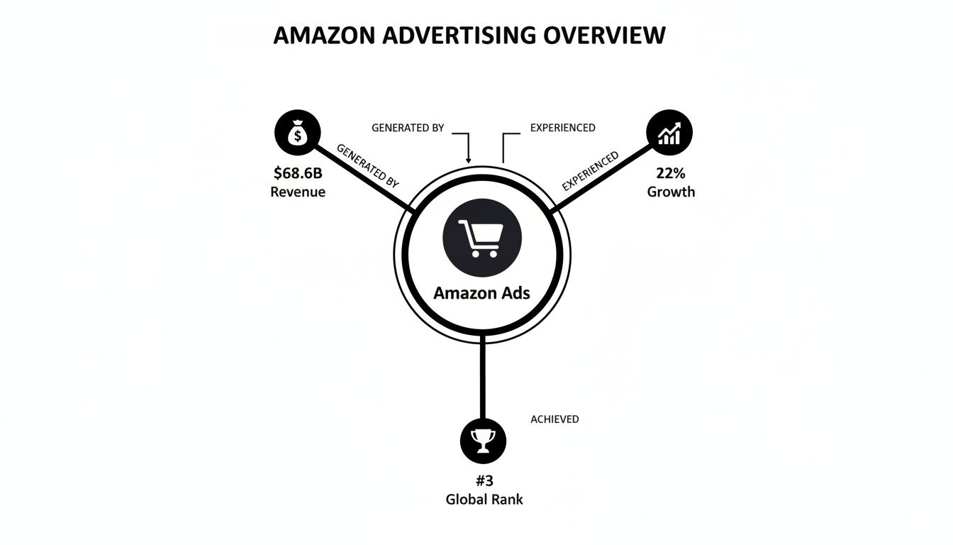 Amazon Advertising Overview showing $68.6 billion revenue, 22% growth, and #3 global rank.
