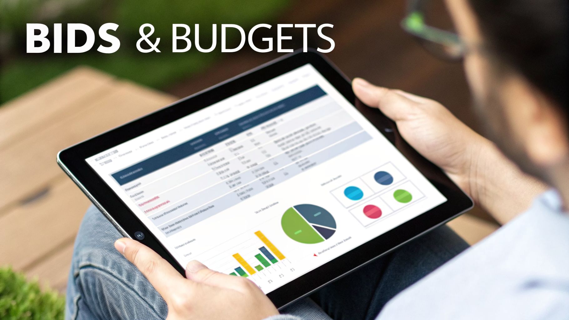 Person reviewing financial bids and budgets on a digital tablet with charts and graphs.