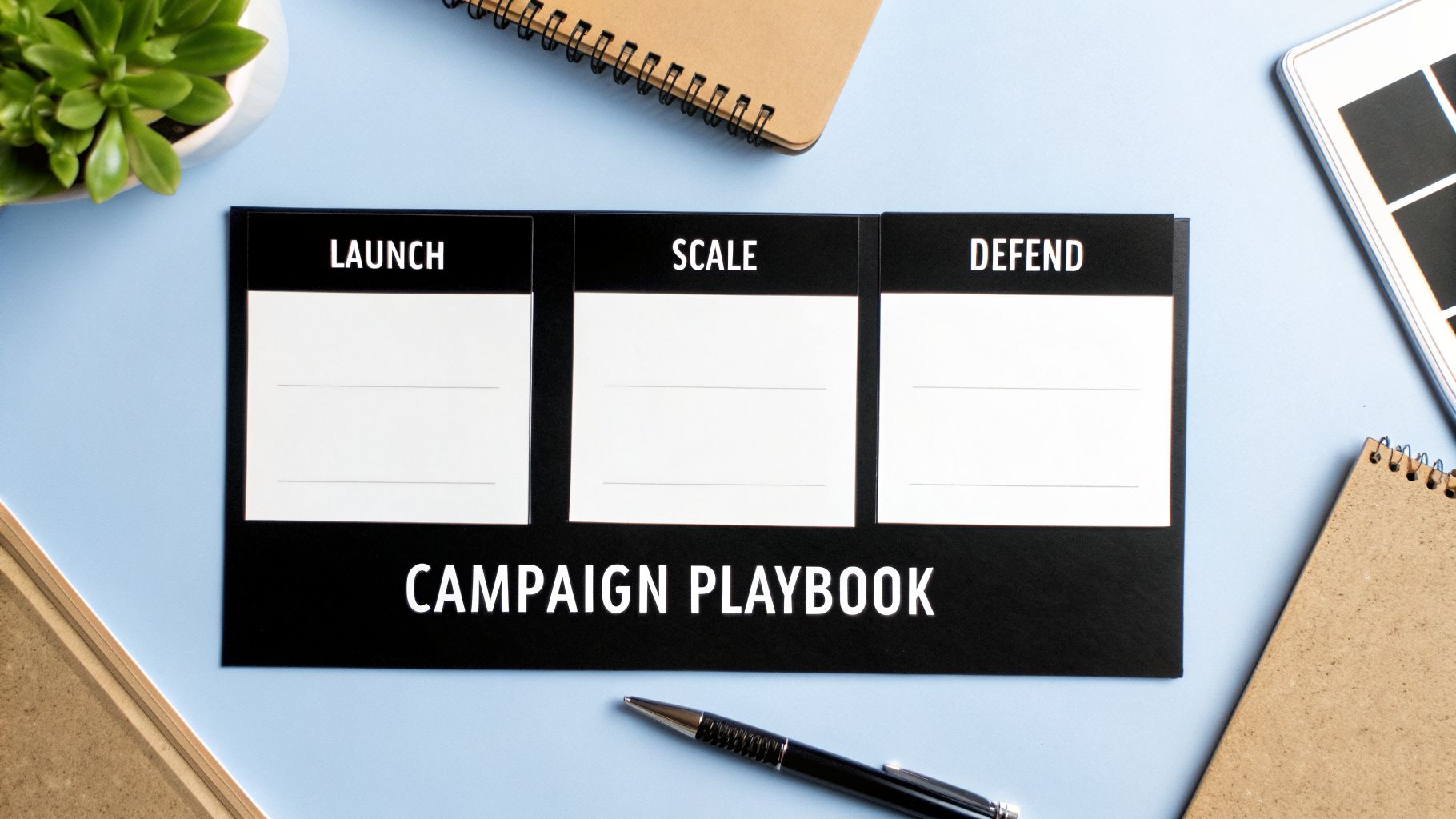 A black campaign playbook on a blue desk, detailing strategy for launch, scale, and defend.