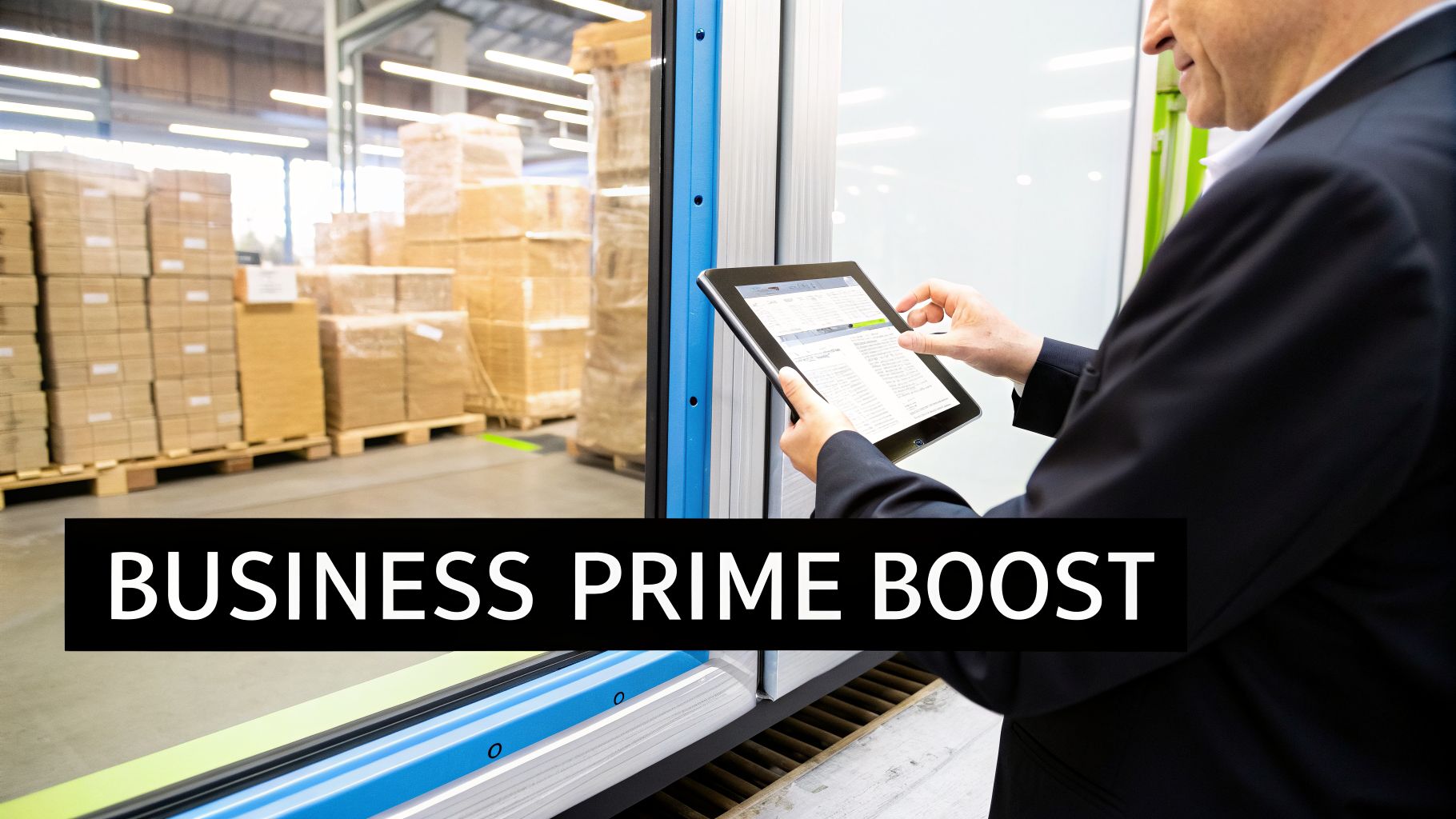 Man in a suit using a tablet to manage inventory in a modern warehouse filled with boxes.