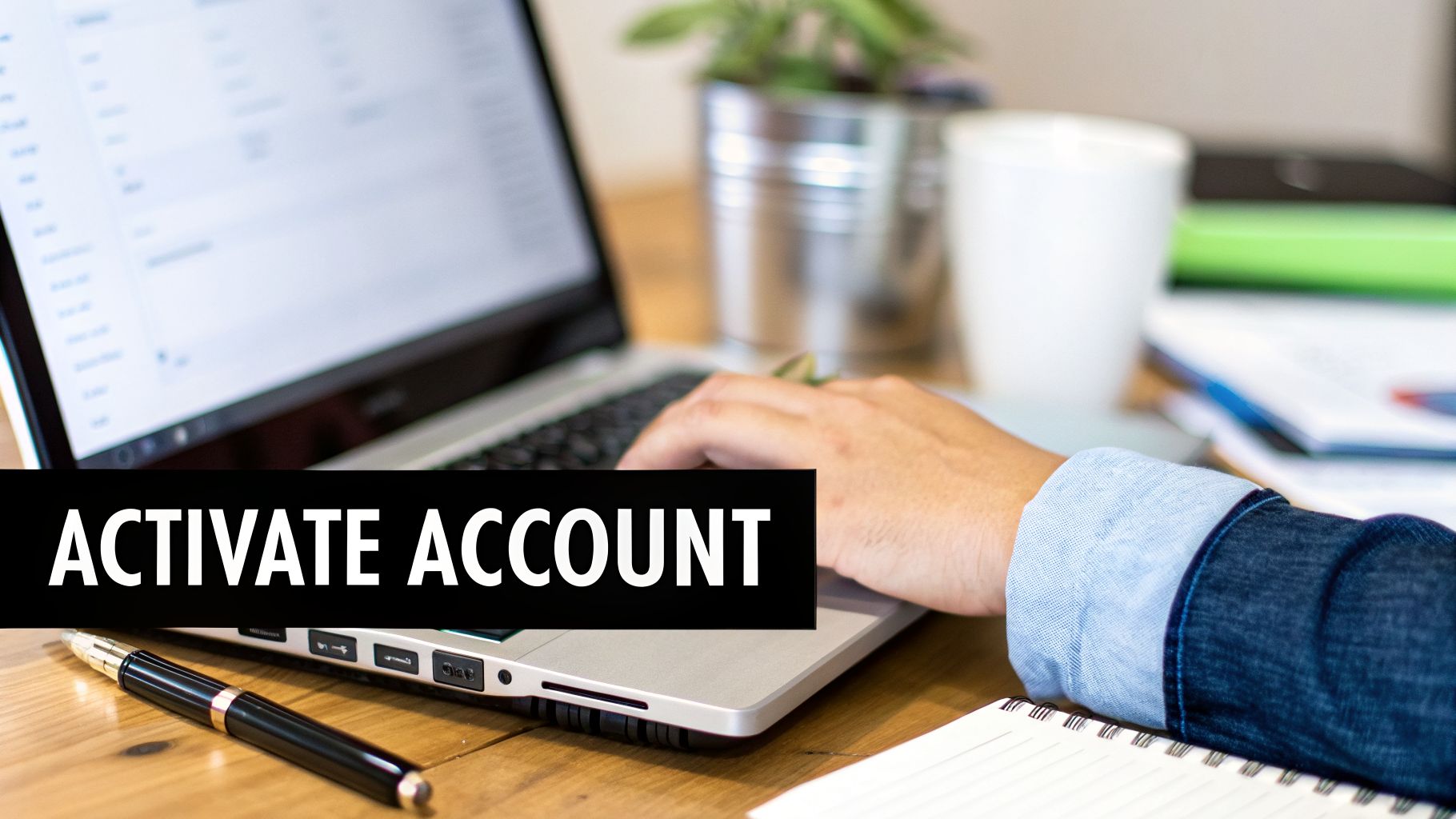 A person activates an online account on a laptop, with 'ACTIVATE ACCOUNT' displayed prominently.