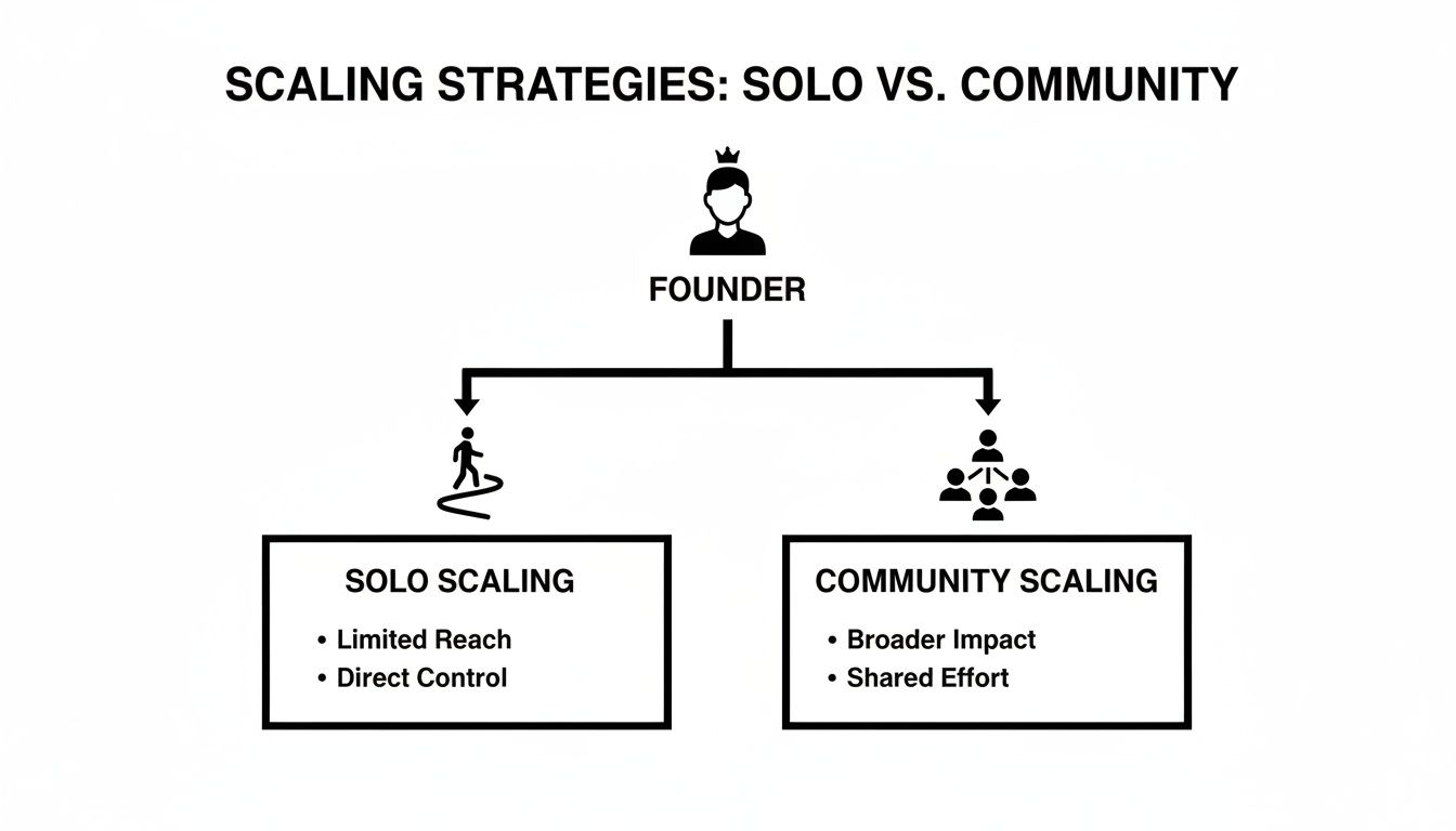 Infographic comparing solo scaling benefits and community scaling benefits for a founder.