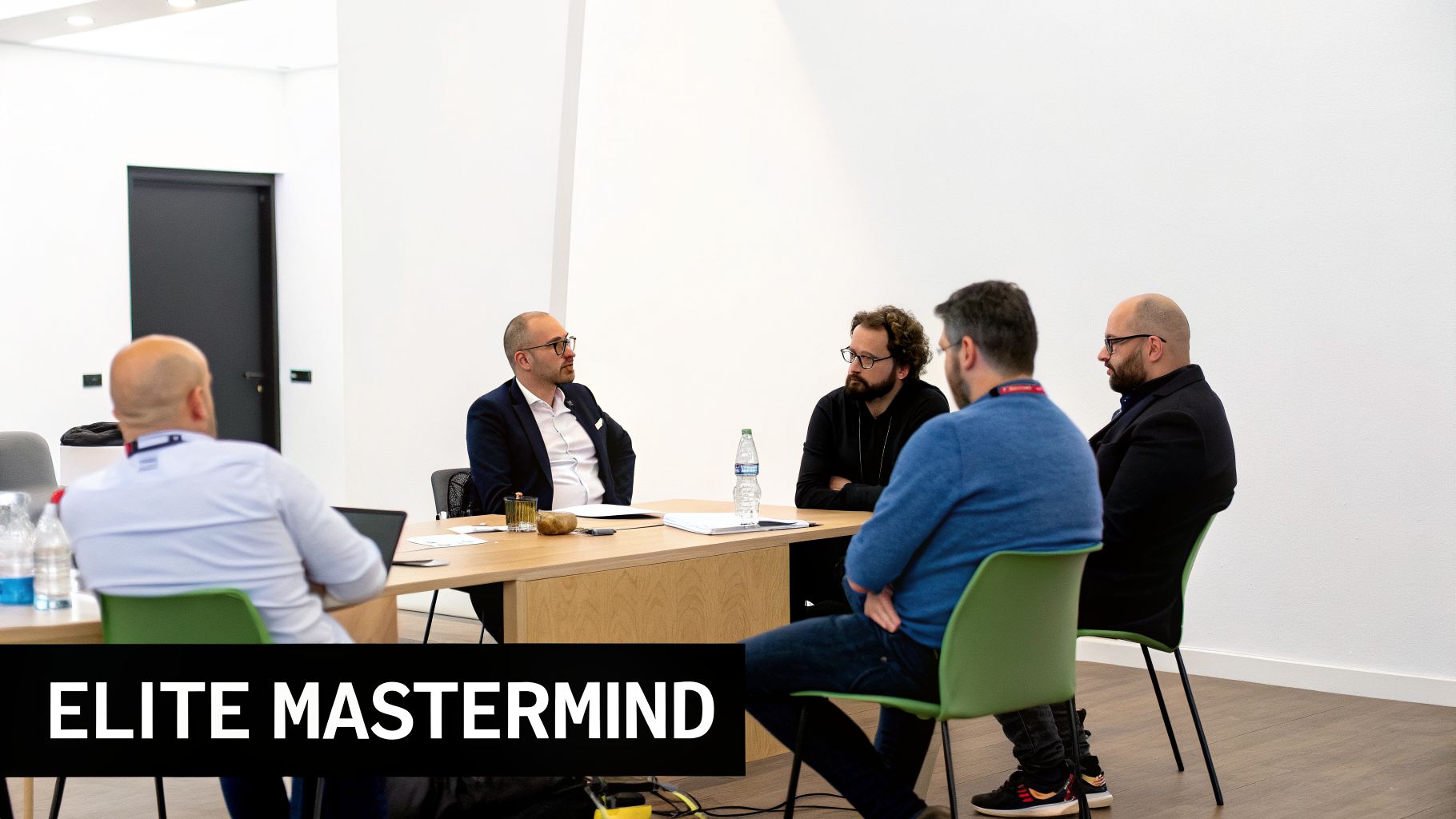 Business professionals attending an elite mastermind session, discussing strategy around a modern wooden table.
