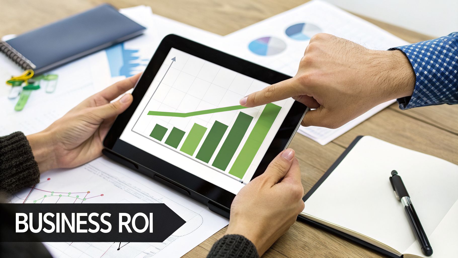 Two people analyzing a business ROI growth chart on a tablet, surrounded by documents on a wooden desk.