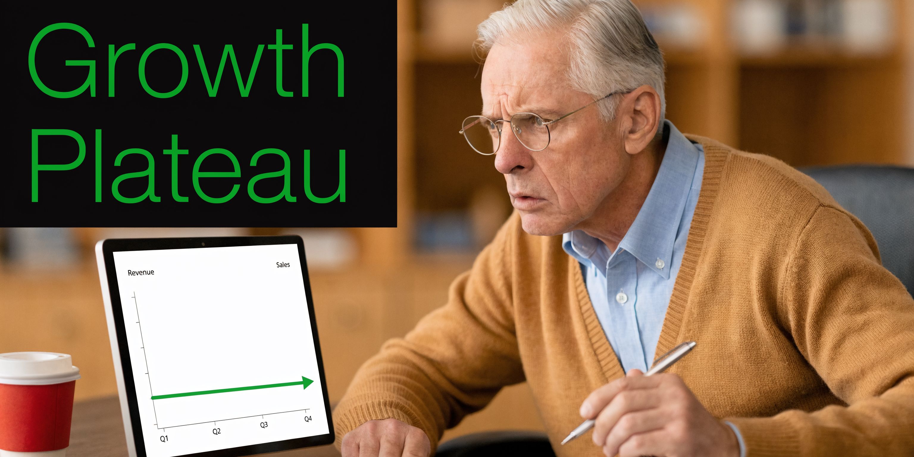 A concerned elderly man reviews a flat growth chart on his laptop, signaling a business plateau.