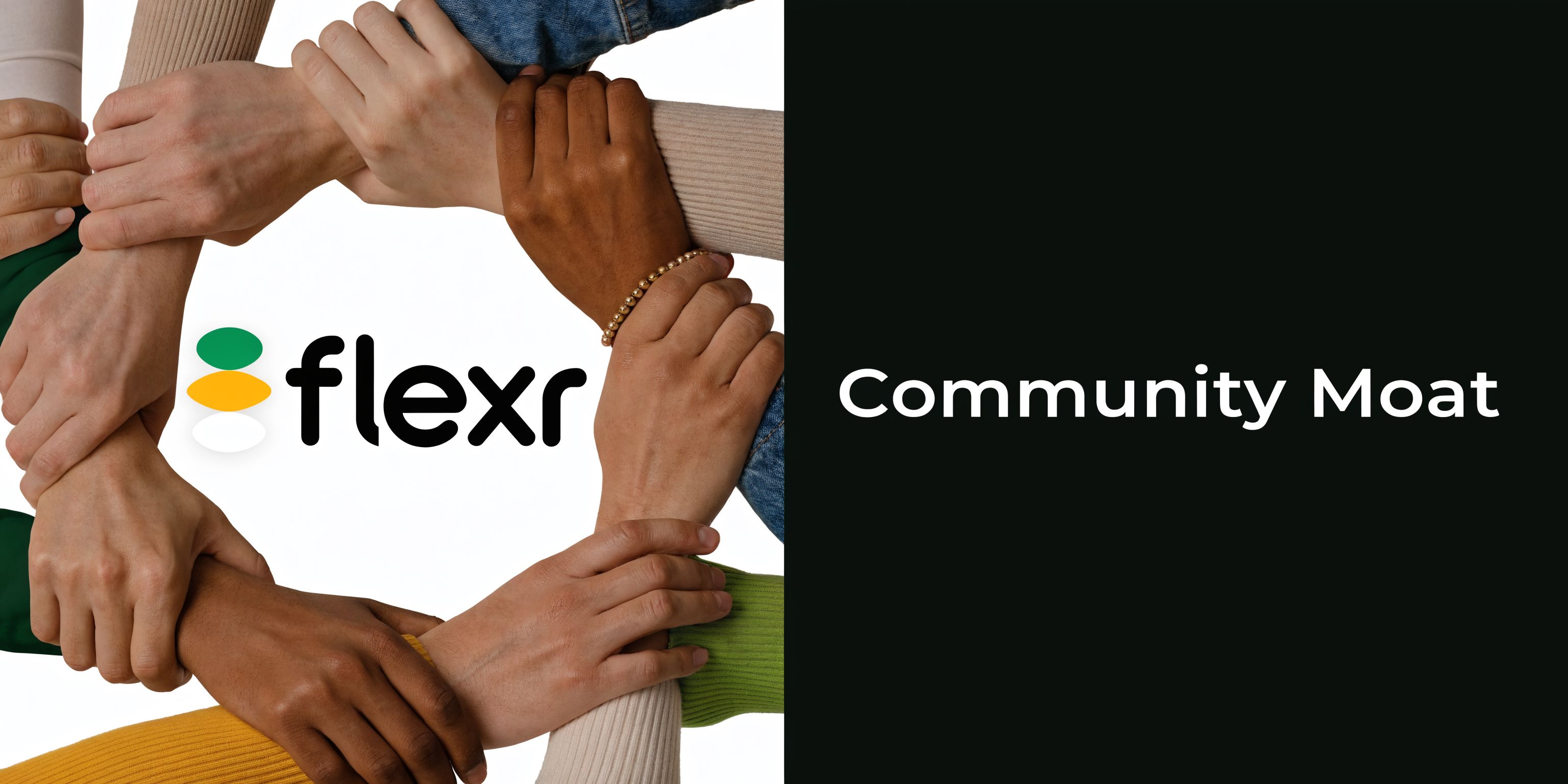 A diverse group of hands linked together in a circle, representing unity and the Flexr community brand.