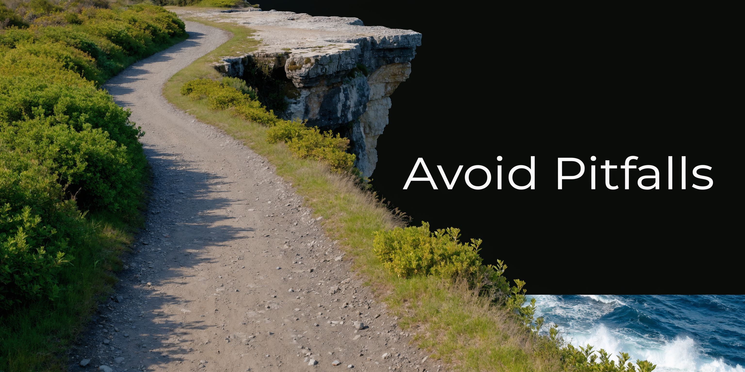 A scenic dirt path winding along a high rocky cliff overlooking the ocean with text overlay.