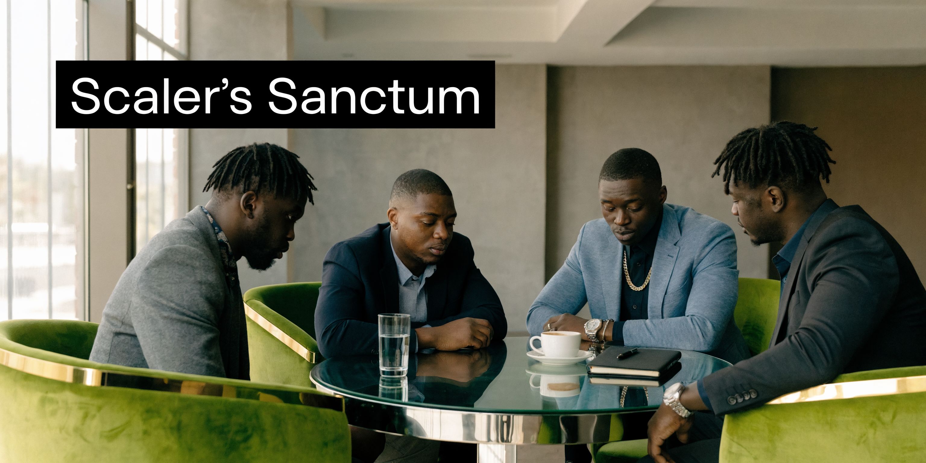 Four professional black men sitting around a glass table in an office discussing business strategies together.