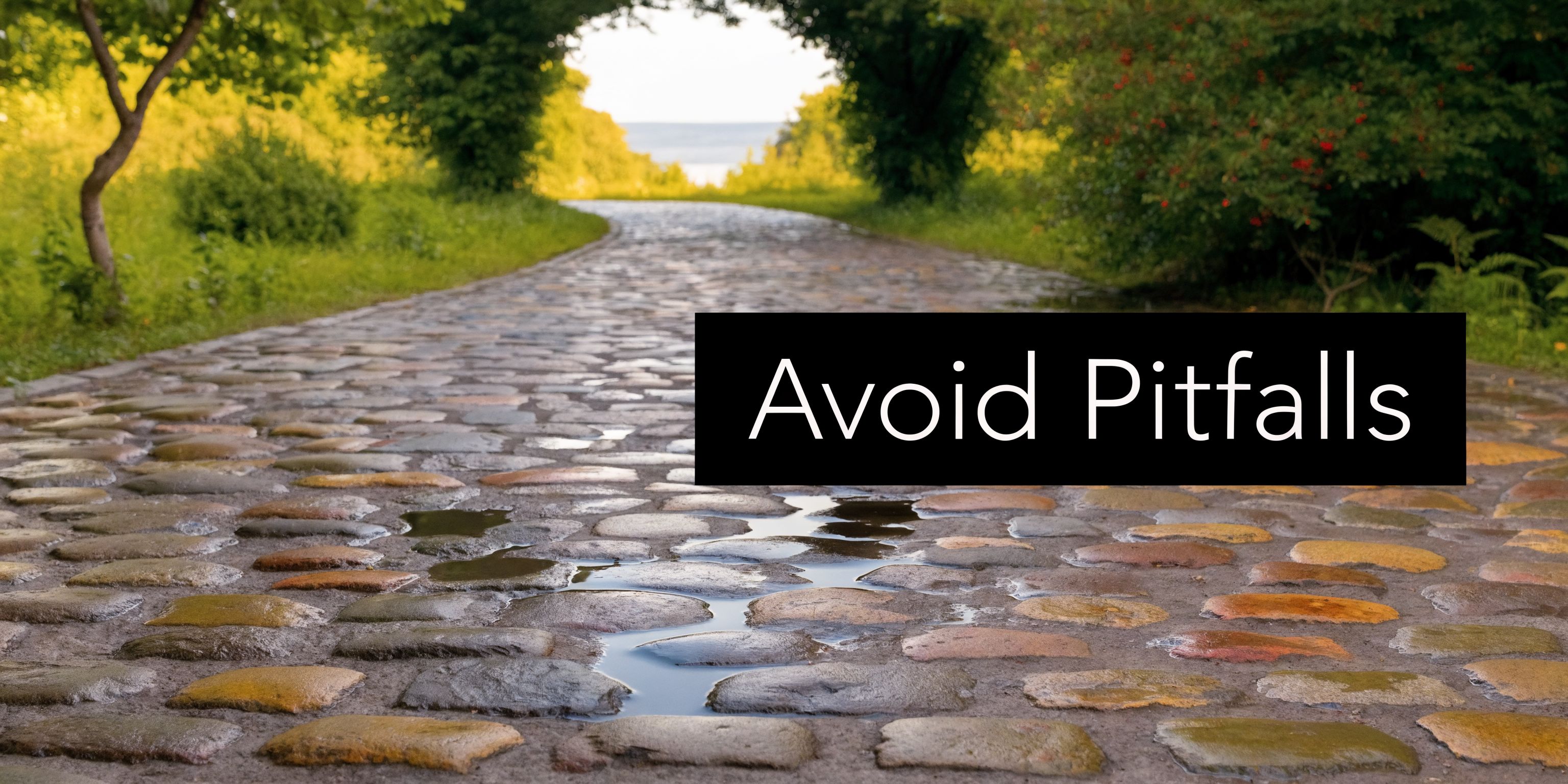 A scenic cobblestone path through a lush green forest leading toward a bright horizon, featuring text overlay.