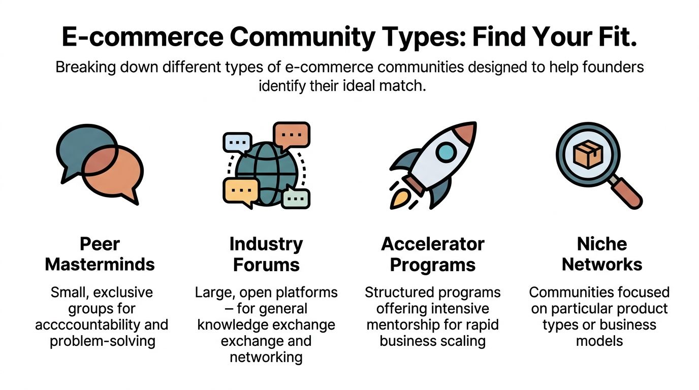 An infographic illustrating four types of e-commerce communities for founders including masterminds, forums, accelerators, and niche networks.