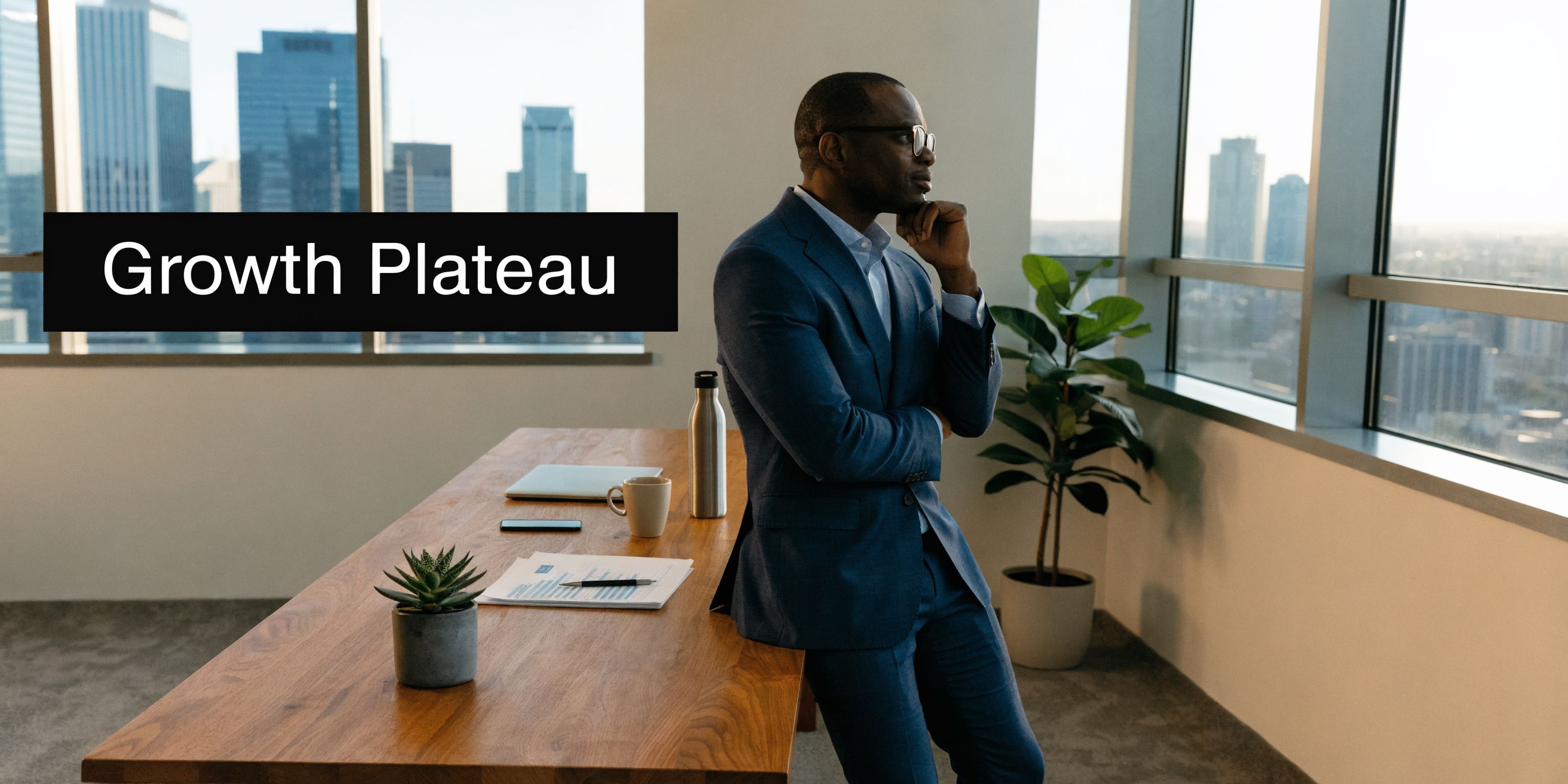 A professional man in a business suit stands thoughtfully in an office overlooking a city skyline.