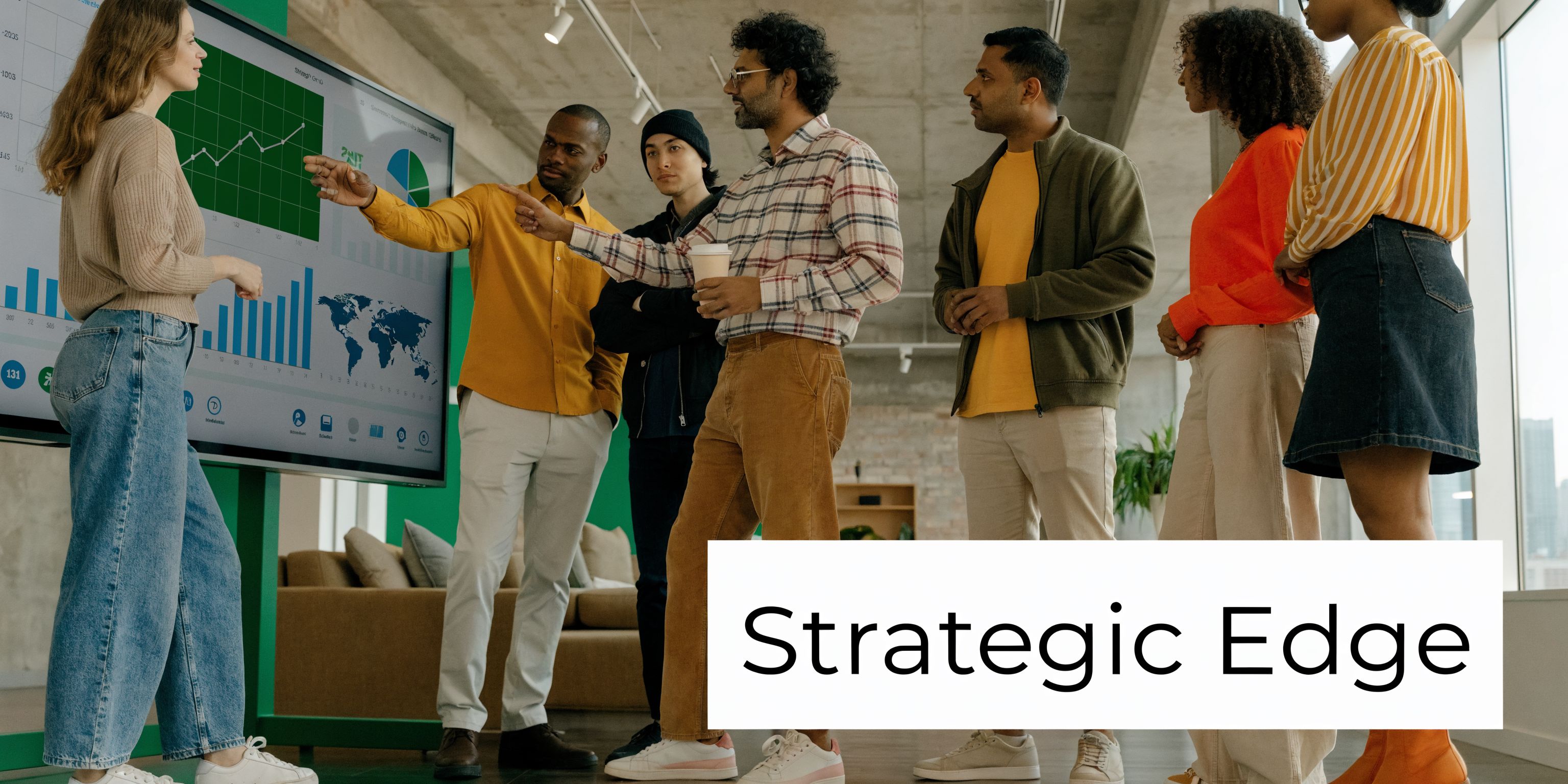 A diverse group of colleagues collaborating and discussing data on a large screen in a modern office.