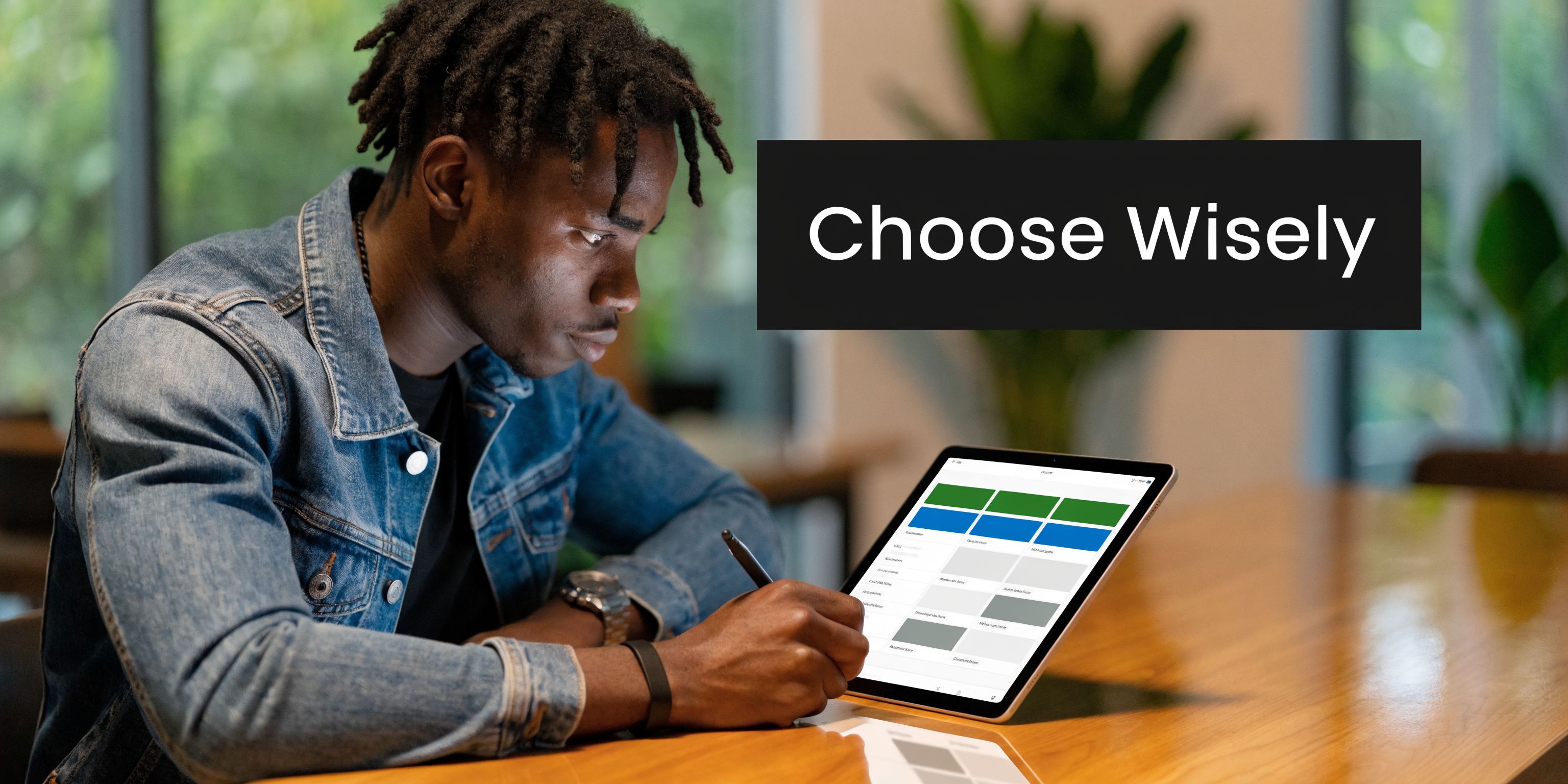 A young Black man wearing a denim jacket uses a digital pen on a tablet.