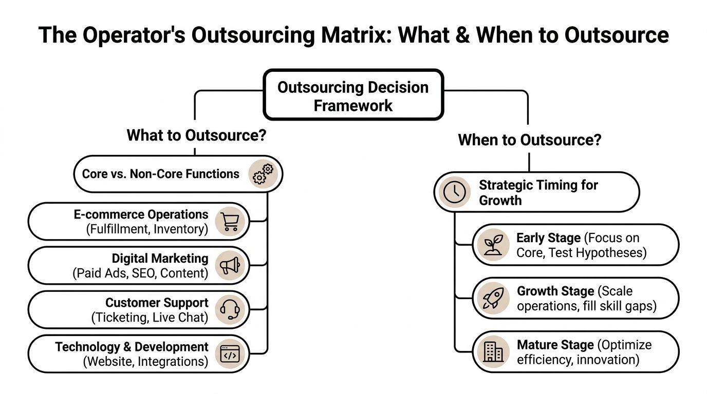 A flowchart titled The Operator's Outsourcing Matrix detailing what and when to outsource for business growth.