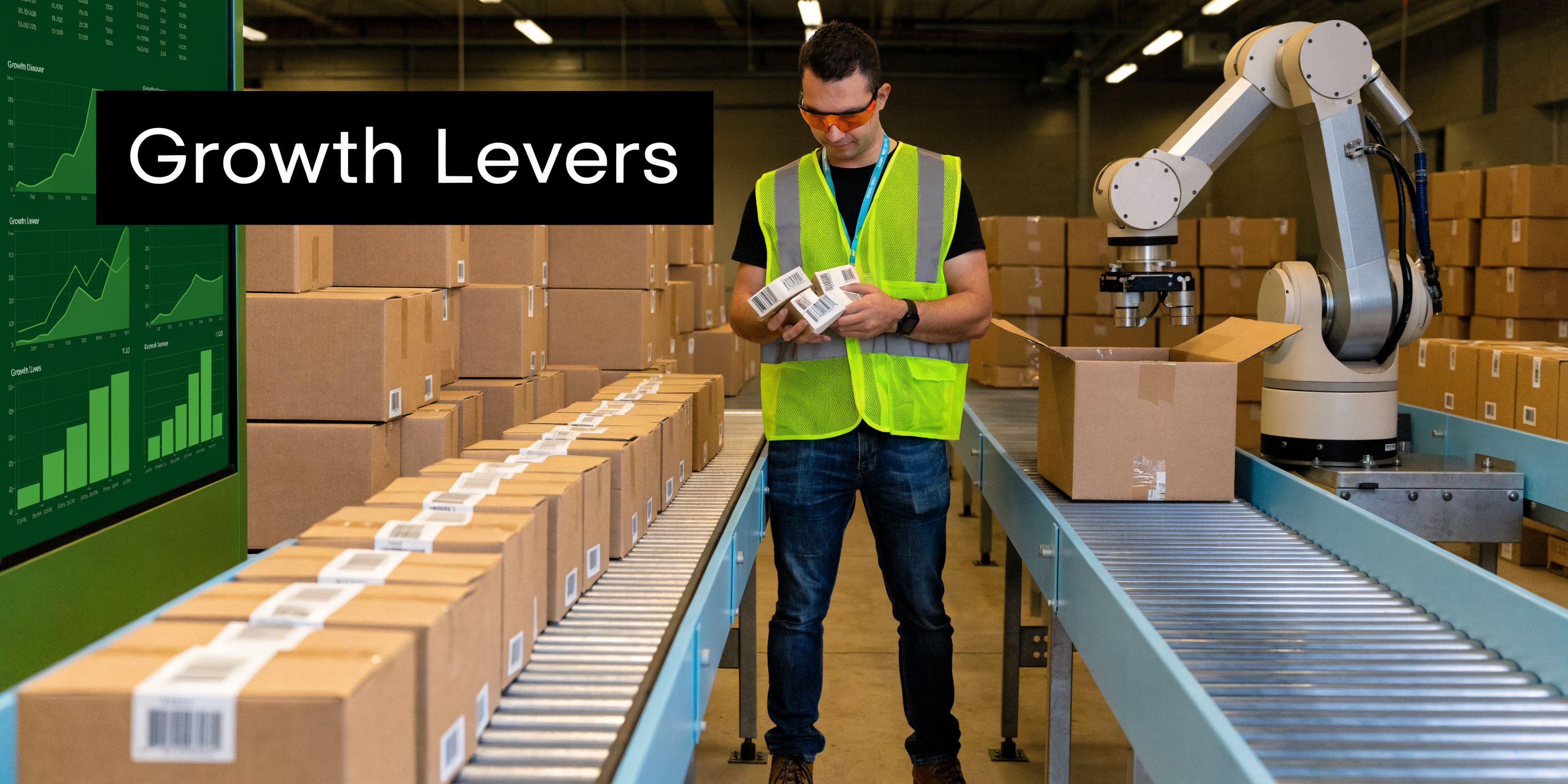 A warehouse worker in a safety vest holding packages near an automated robotic arm on a conveyor.