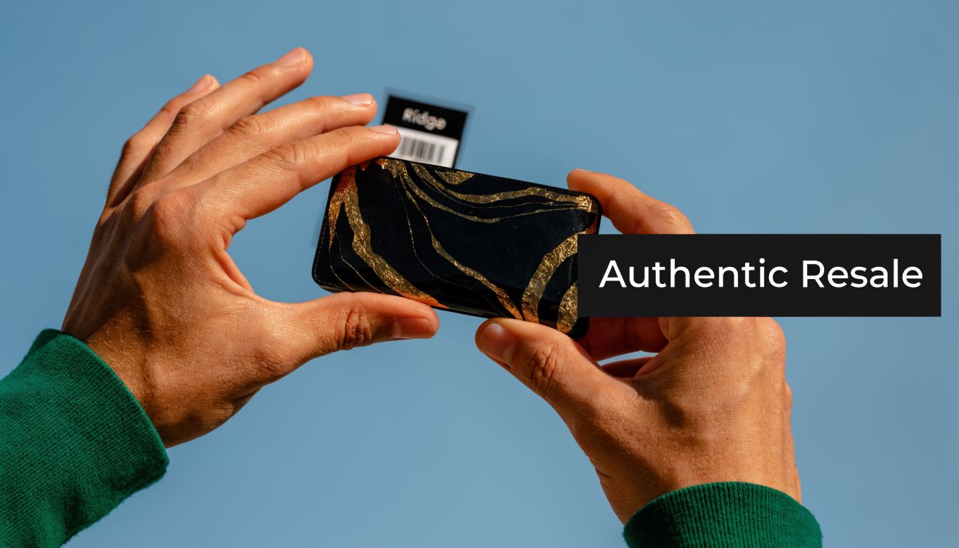 A person holding a limited edition Ridge wallet with a gold marbled design against a blue sky.