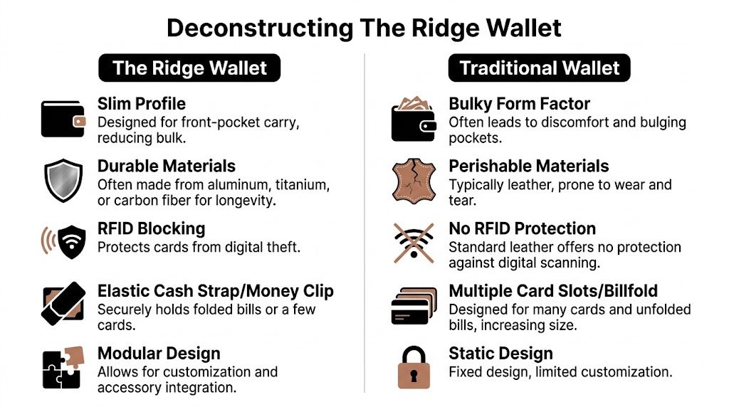 A comparison infographic detailing the differences between The Ridge Wallet and a traditional leather wallet.