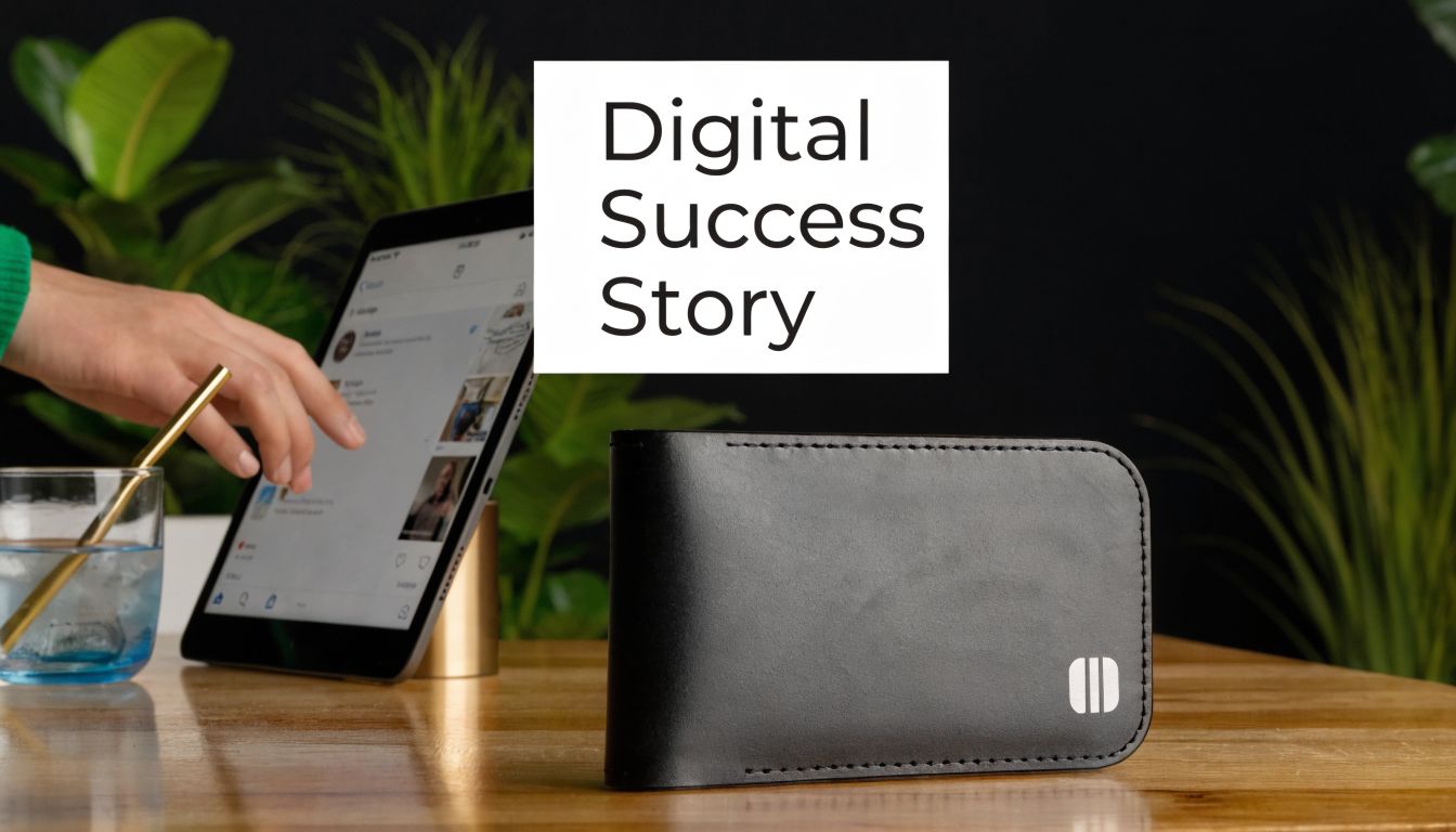 A leather Ridge wallet sits on a wooden table next to a digital tablet and a glass.