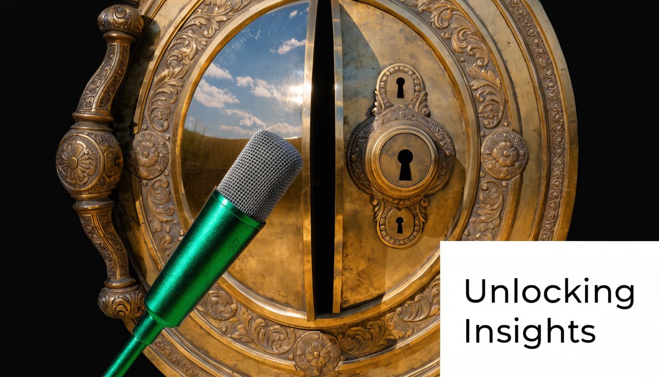 A close-up view of a green microphone in front of an ornate, antique brass vault door.