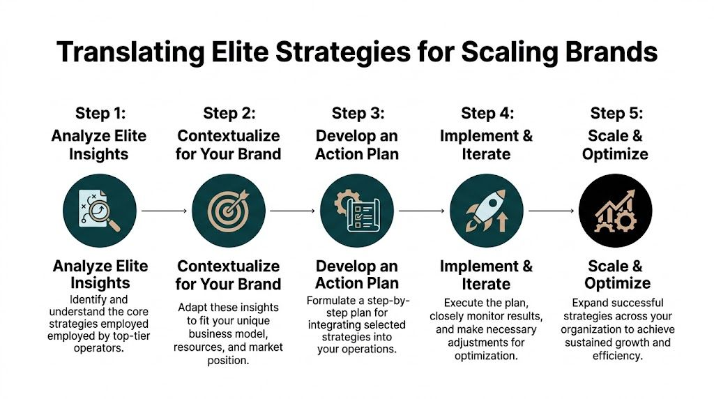A five-step strategy diagram for scaling business brands based on insights from elite industry operators.