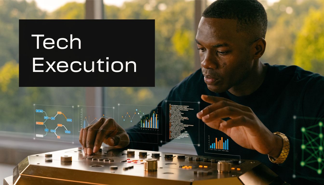 A professional man interacting with digital data visualizations and holographic charts on a sophisticated technical control panel.