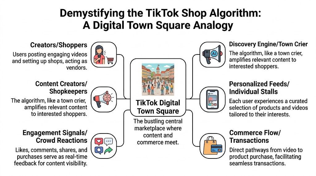 An infographic explaining the TikTok Shop algorithm using a digital town square analogy for content and commerce.