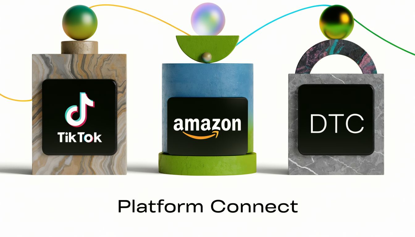 A 3D graphic showing TikTok, Amazon, and DTC logos connected by a flowing line, representing Platform Connect.