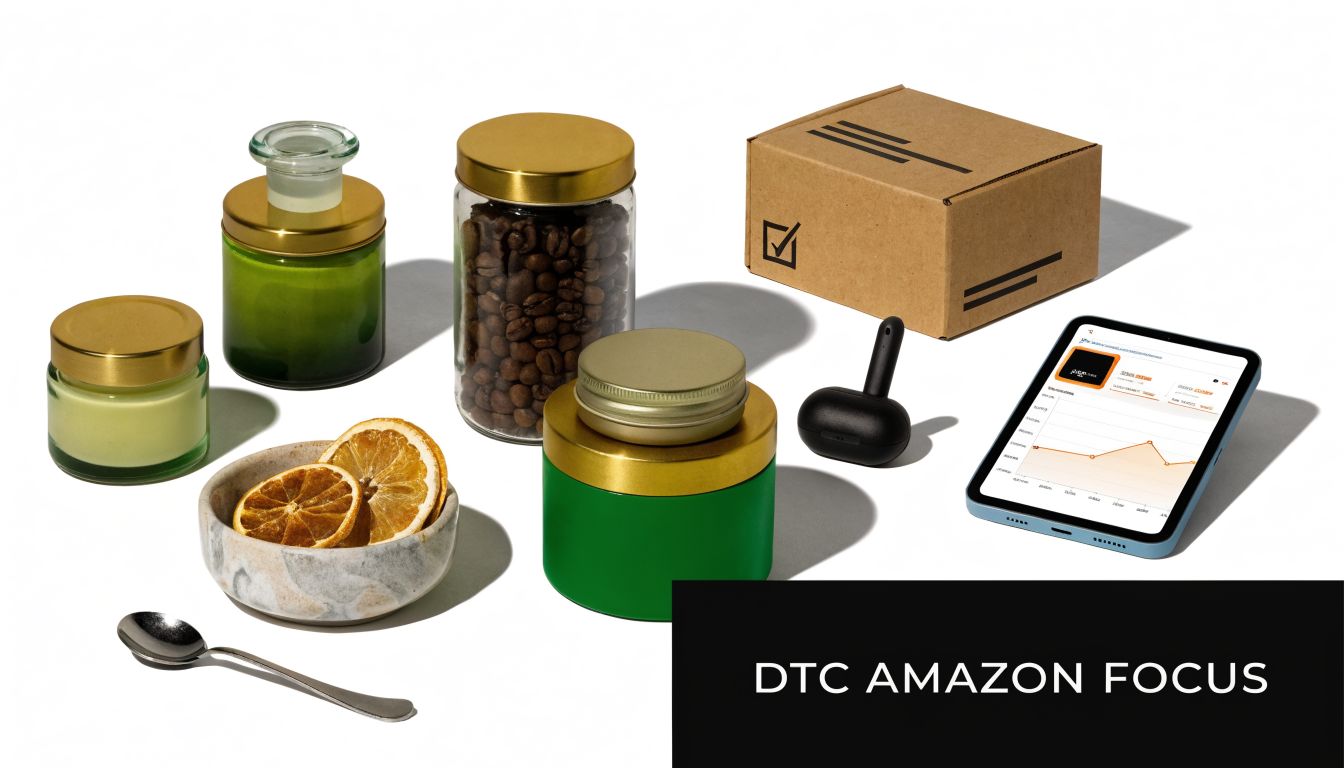 An arrangement of business and consumer goods on a white background with a digital analytics tablet.