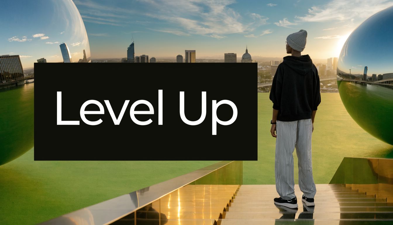 A person standing on a staircase overlooking a modern cityscape with reflective spheres and text Level Up.