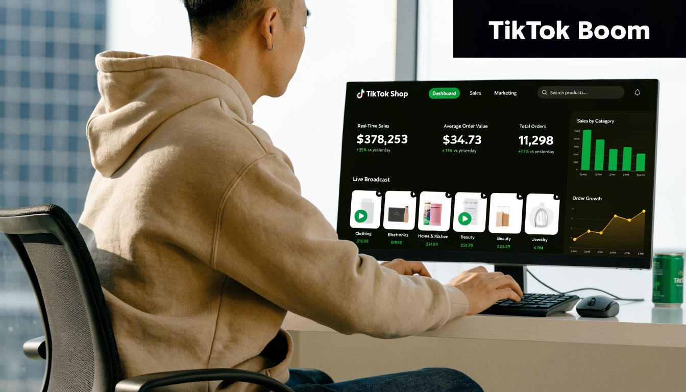 A person working at a computer showing a TikTok Shop dashboard with real-time sales and product analytics.
