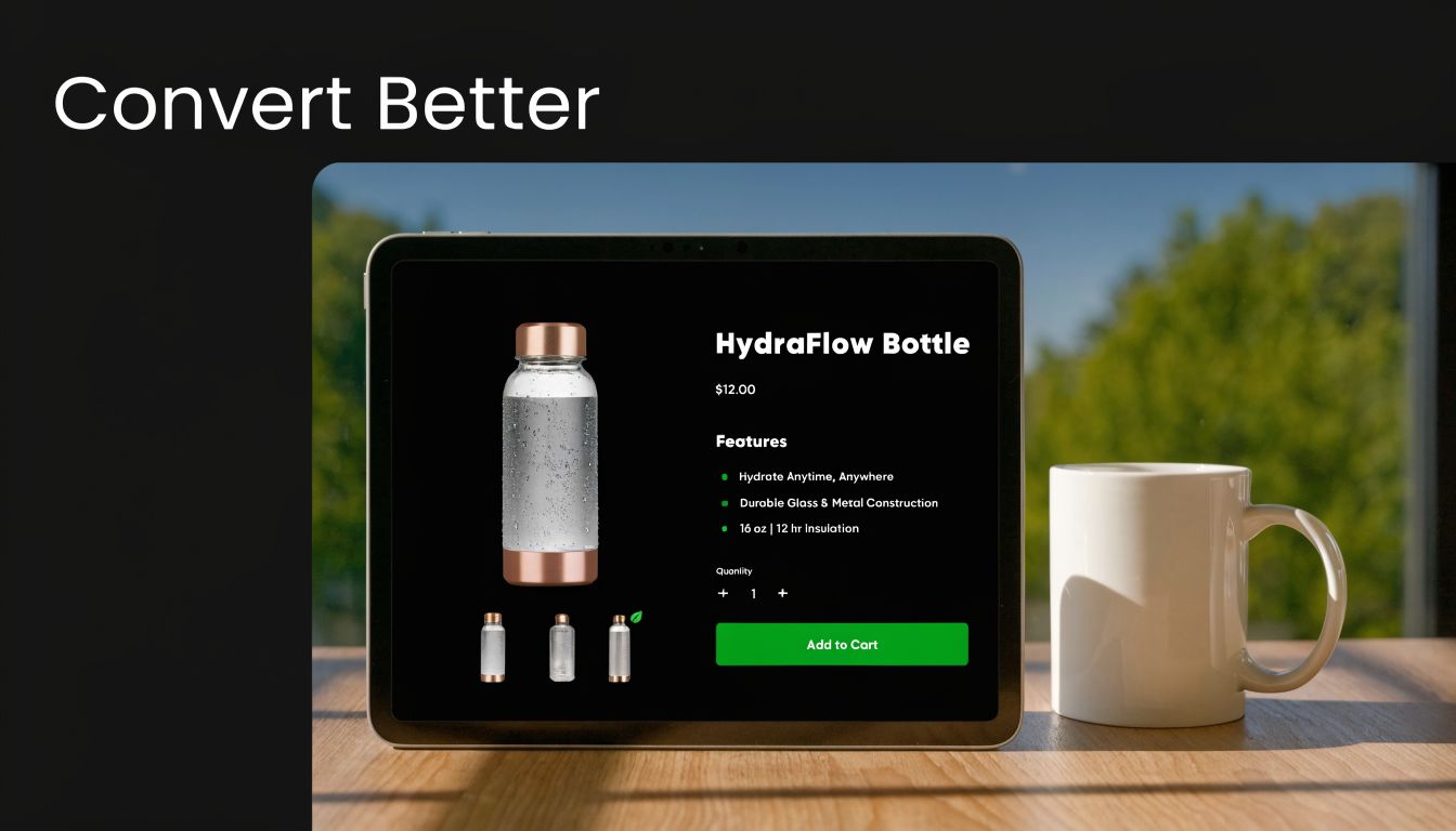 A digital tablet displaying a product page for a HydraFlow glass and metal water bottle online store.