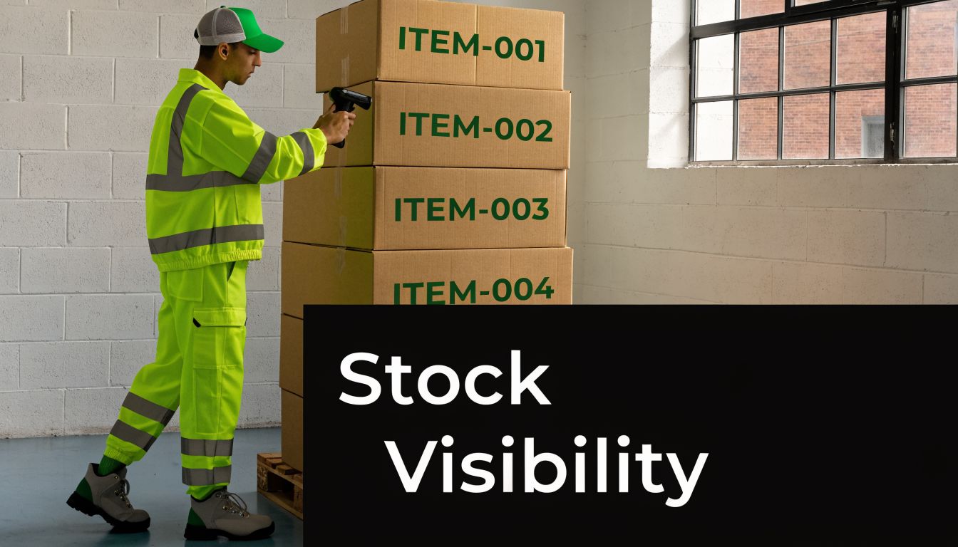 A warehouse worker in high-visibility clothing scans boxes labeled with item numbers for inventory management.