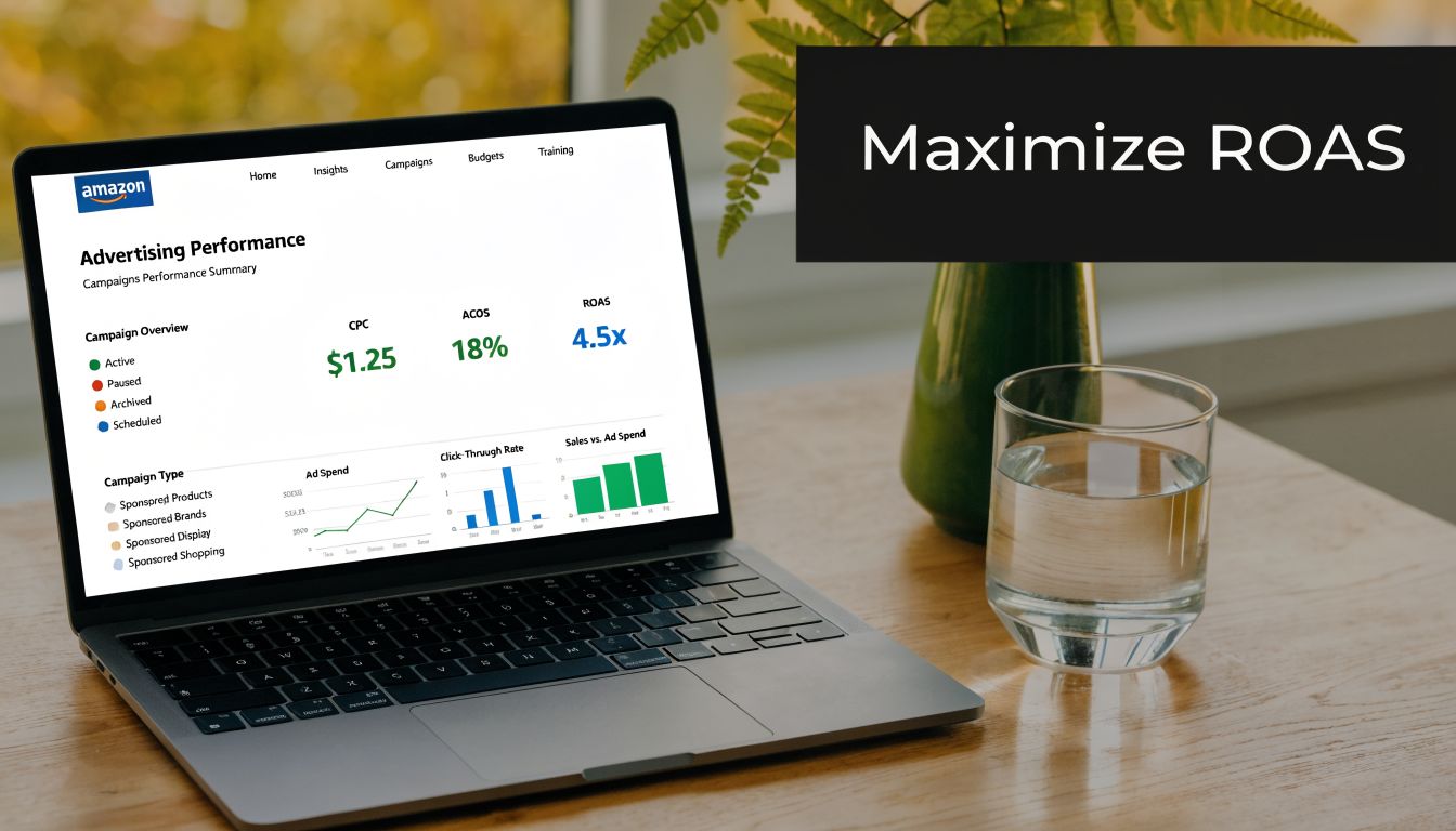 A laptop on a desk showing an Amazon advertising performance dashboard for ecommerce campaign analytics and optimization.