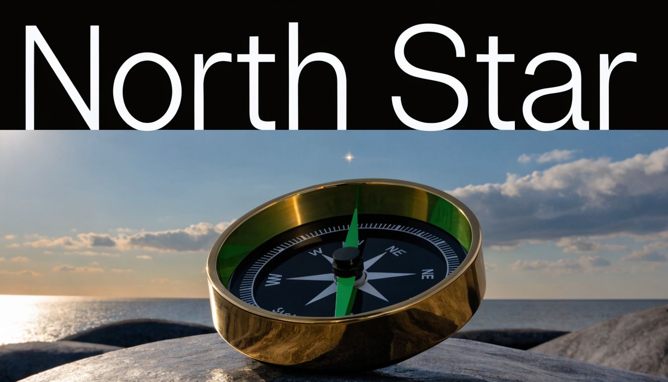 A brass compass rests on a rock by the sea with the North Star visible above.